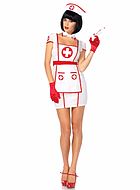 Sykepleier, kostyme-kjole, stort bånd, forkle, krage, flagrende ermer